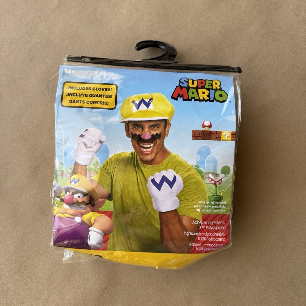 Disguise Super Mario Bros. Wario Adult Costume Gloves Hat Mens M Yellow T-shirt